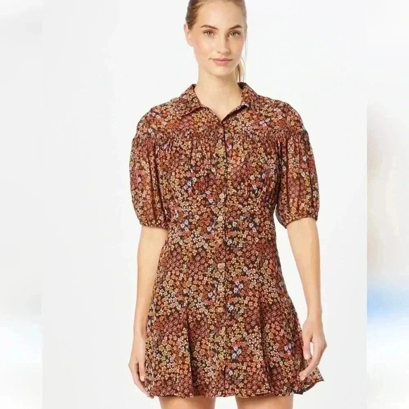 Free people Bonnie shirt dress floral orange button mini dress sz Small - Picture 2 of 11